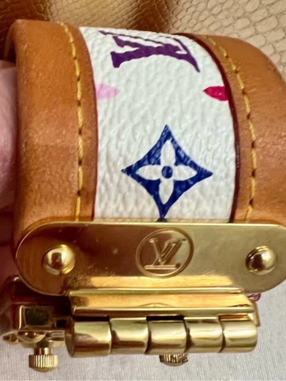 Louis Vuitton White Multicolor Monogram Leather Bracelet with Gold Hardware EUC